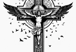 cross, god, birds tattoo idea