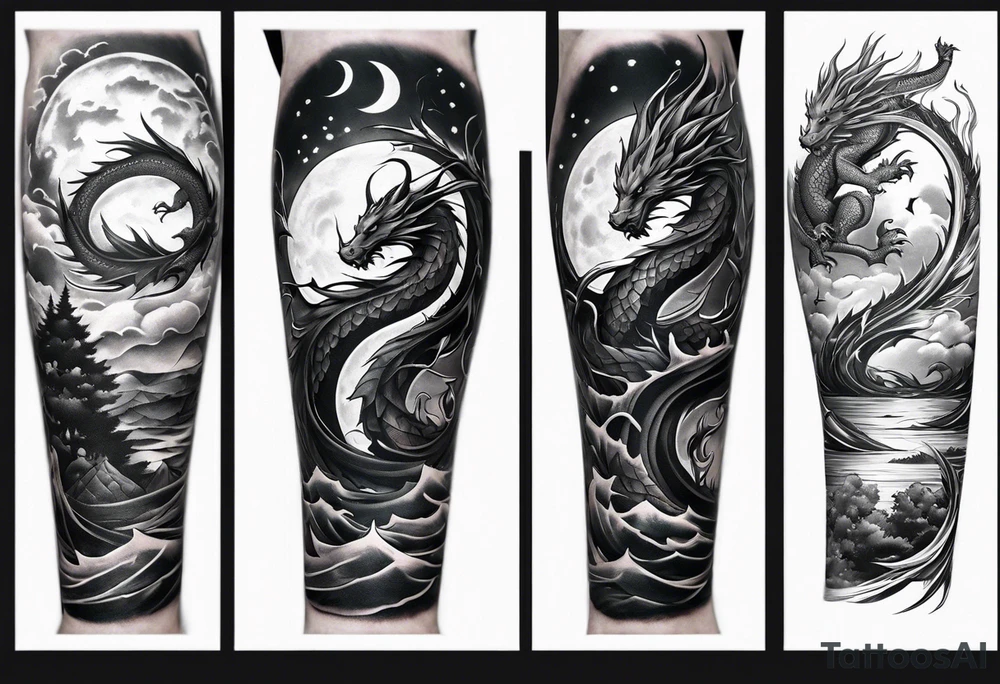 Half sleeve forearm tattoo. Representing the hero’s journey. Haku the dragon, a tree, clouds, a broken sword, the sun and moon tattoo idea