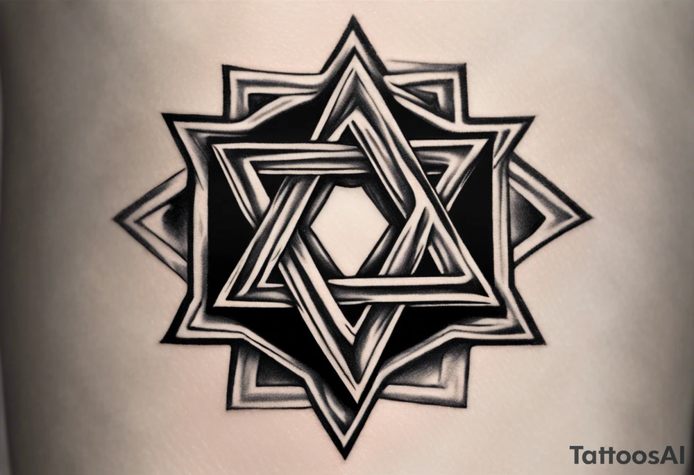 Generate a small 3”x3” tattoo with a rough metal tarnished Star of David using black & grey ultra realism tattoo style that looks as if it was woven into the muscles of the of the left peck. With “Pain is Power. Use it to help heal the world” inscribed on the Start of David like it was chiseled into the steel leaving it looking clean cut and gleaming tattoo idea