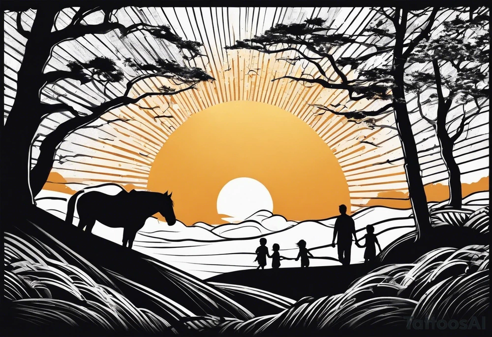 chest and sleeve sun rays with road and dad, daughter and son silhouette tattoo idea