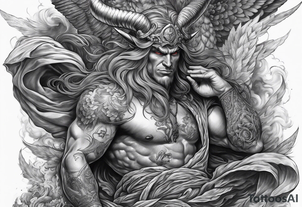 arm sleeve heaven at the top, satan falling down hellscape at bottom tattoo idea