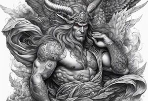 arm sleeve heaven at the top, satan falling down hellscape at bottom tattoo idea