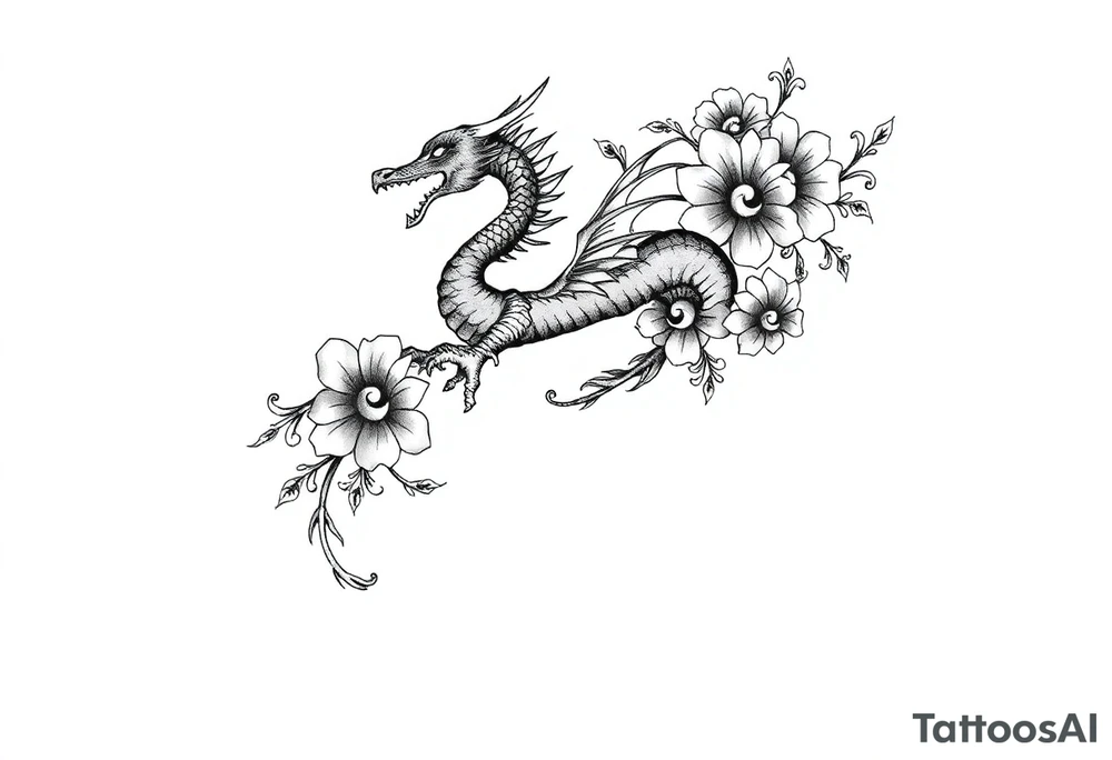 un dragon central entouré de fleurs de lys de style avec des ombrages dans un style assez fin tattoo idea