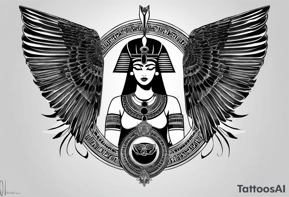 black and white Egyptian goddess Isis, who is often depicted as a woman with outstretched wings, holding an ankh (a symbol of life) in one hand and a lotus flower in the other. Her headdress often includes a throne or a solar disk. The tattoo design can vary in style and size, but it typically aims to capture the essence of this revered Egyptian deity, emphasizing her beauty, power, and maternal qualities. The choice of colors and additional elements can also be customized to create a unique and visually striking representation of the goddess Isis tattoo idea