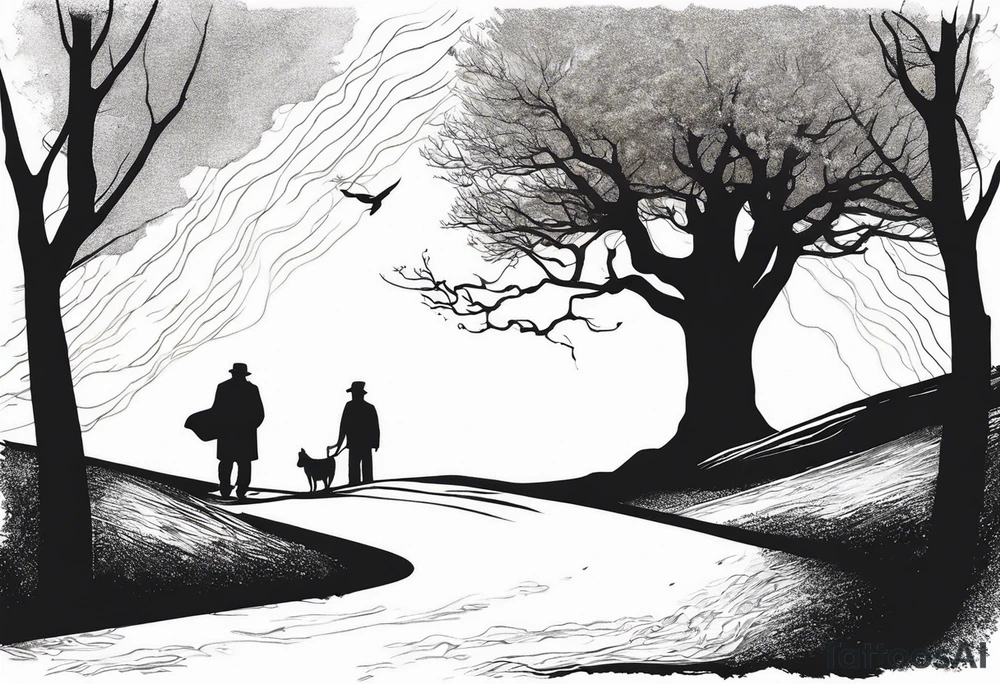 A tree, underneath the tree place an old man and his adult son into distance, same side of tree tattoo idea