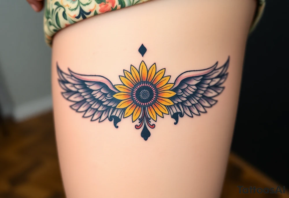 tattoo design incorporating a 2 of clubs, sunflower, wings, or halo tattoo idea