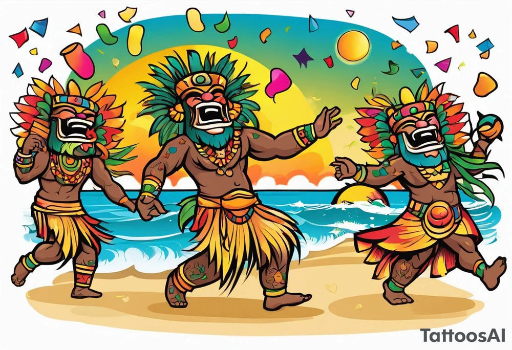 dancing tiki gods dance party on the beach with a sunset in the center of the image with confetti and music notes tattoo idea