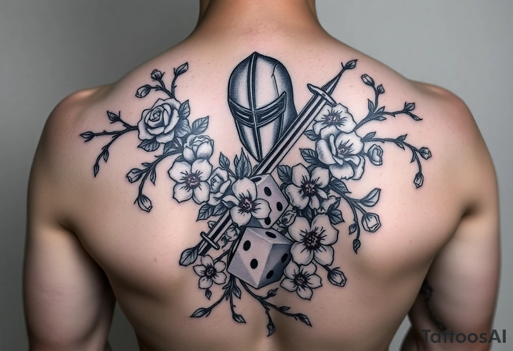gothic knight intertwined with climbing roses and thorny vines with cherry blossoms rolling dice tattoo idea
