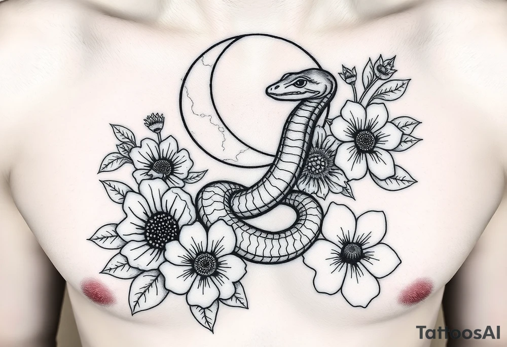 A snake slithering in different flowers with a quarter moon in the background tattoo idea
