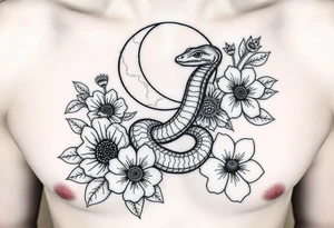 A snake slithering in different flowers with a quarter moon in the background tattoo idea