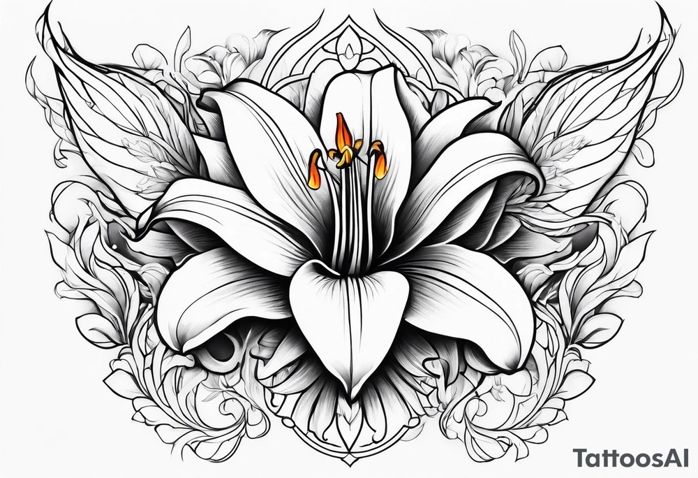 a fenix tattoo with flames and that blooms with madonna lily's for the back tattoo idea