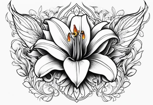 a fenix tattoo with flames and that blooms with madonna lily's for the back tattoo idea