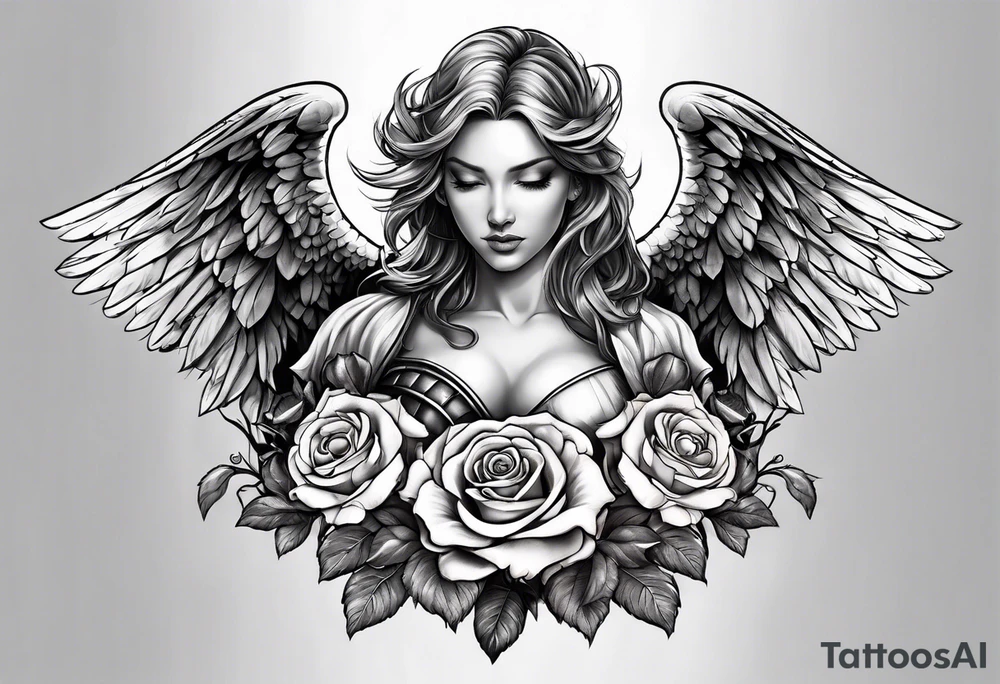 Angel in armor with colored roses tattoo idea