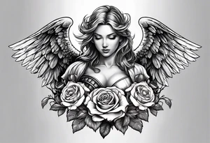 Angel in armor with colored roses tattoo idea