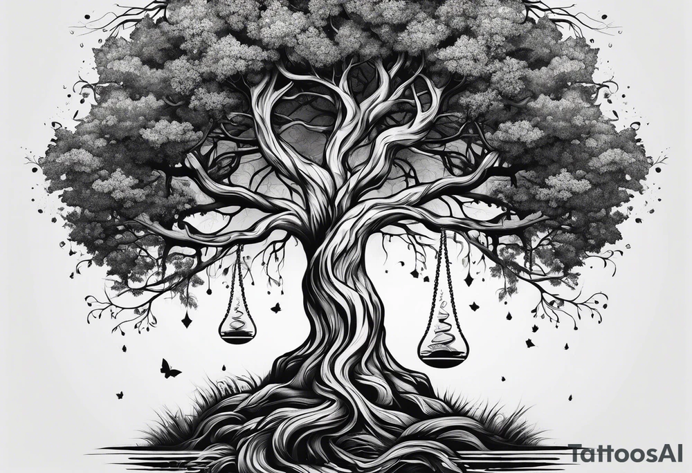 tattoo of a tree with the roots wrapping around a hour glass tattoo idea