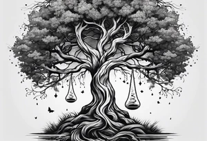 tattoo of a tree with the roots wrapping around a hour glass tattoo idea