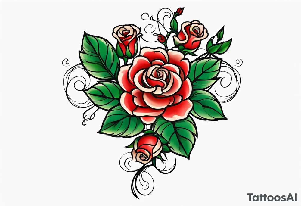 sleeve tattoo traditional style with lots of small roses on a vine. total roses is 50 tattoo idea