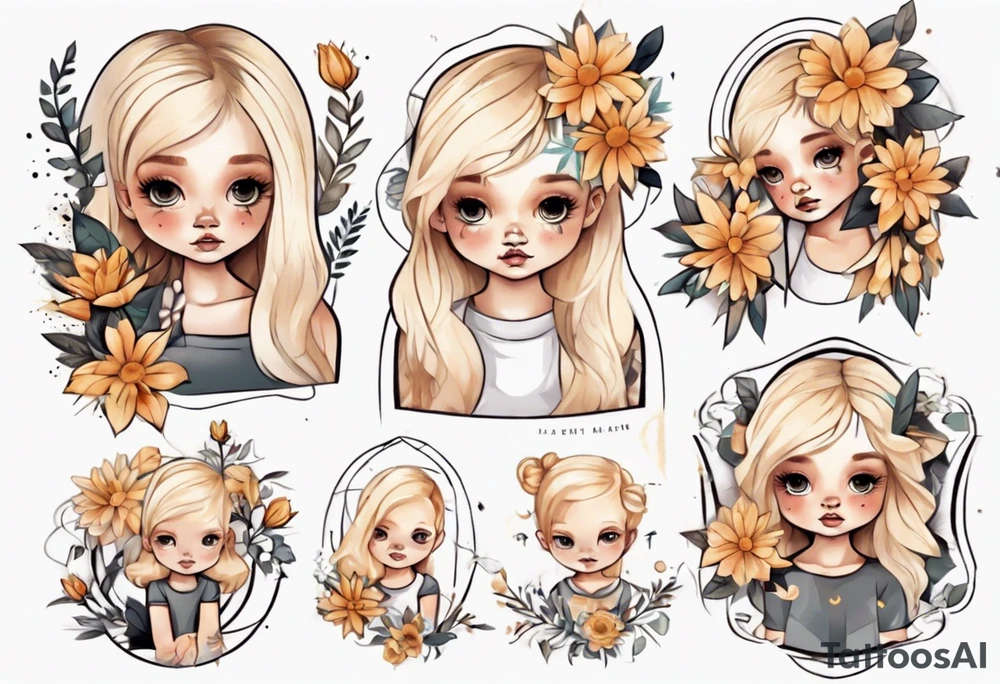 Little girl with blonde hair holding flowers tattoo idea