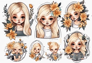 Little girl with blonde hair holding flowers tattoo idea