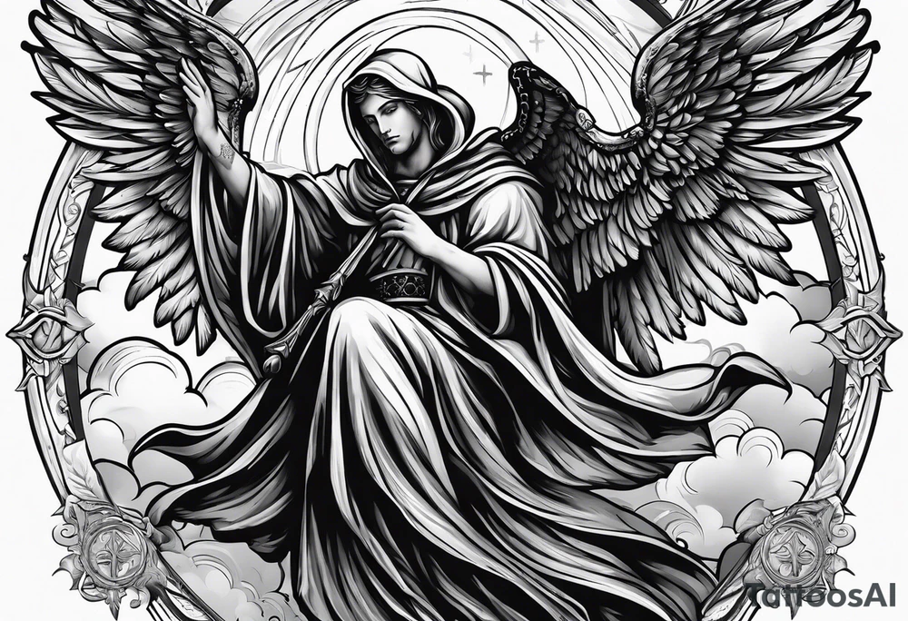 One male hooded angel with 3 angels in the back flying with clouds and shading with a cross in the background tattoo idea