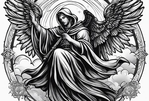 One male hooded angel with 3 angels in the back flying with clouds and shading with a cross in the background tattoo idea