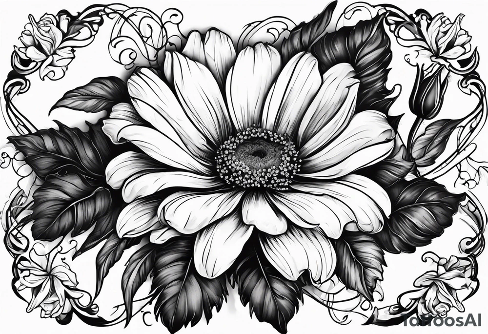 A single daisy and a rose with poppies and gladiolus flowers weaving through the daisy and rose tattoo idea