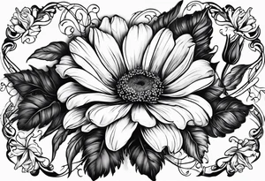 A single daisy and a rose with poppies and gladiolus flowers weaving through the daisy and rose tattoo idea