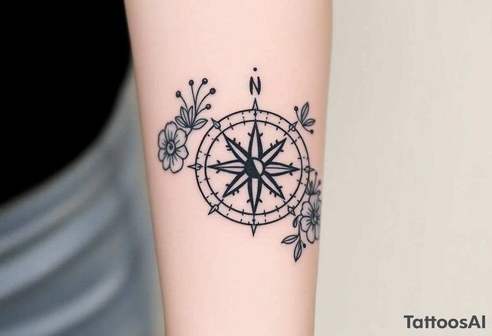 Compass with cursive letters with dot work flowers flowing above and below the compass tattoo idea