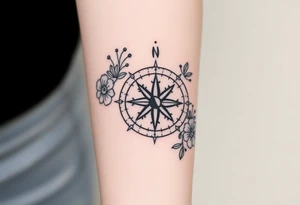 Compass with cursive letters with dot work flowers flowing above and below the compass tattoo idea