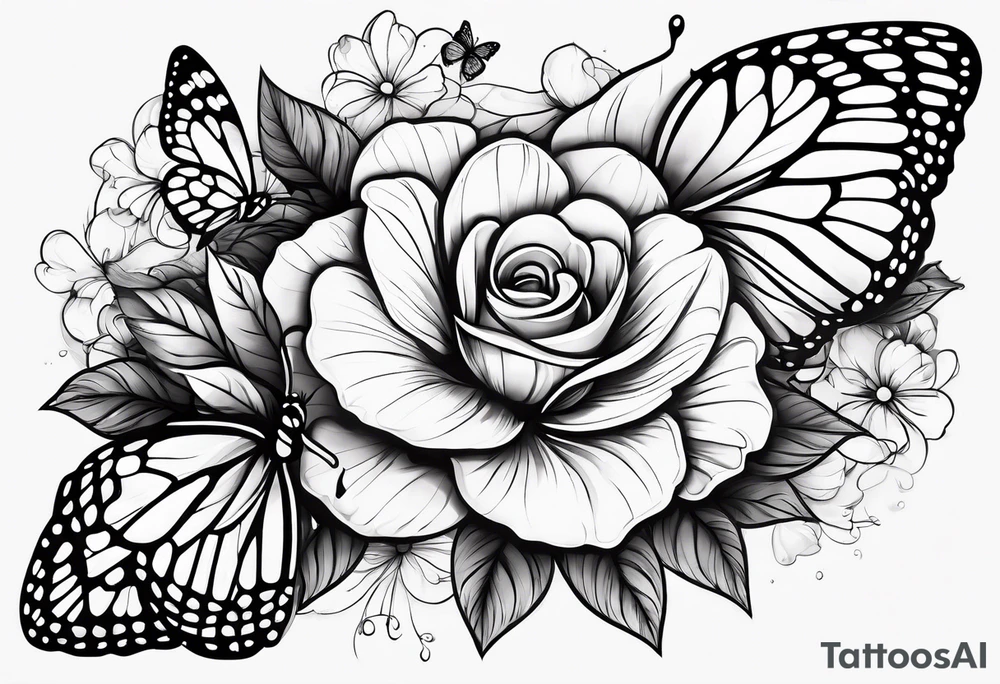 Flowers with "Ruby" in calligraphy font and butterflies around it tattoo idea