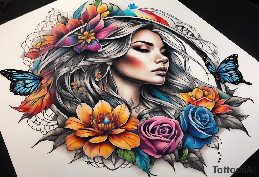 arm sleeve with dreamcatcher, rainbow flowers and one butterfly tattoo idea