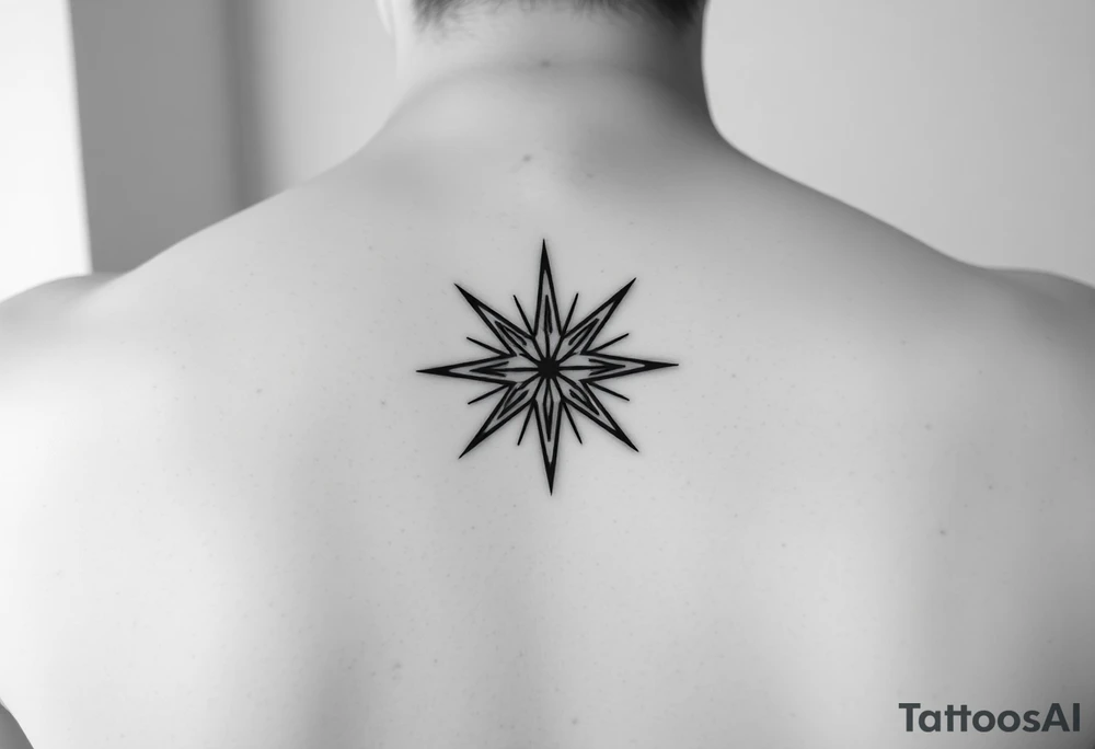 A highly artistic tattoo design with a central focus on a radiant star, symbolizing guidance and empowerment. black and white. small tattoo idea