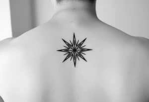 A highly artistic tattoo design with a central focus on a radiant star, symbolizing guidance and empowerment. black and white. small tattoo idea