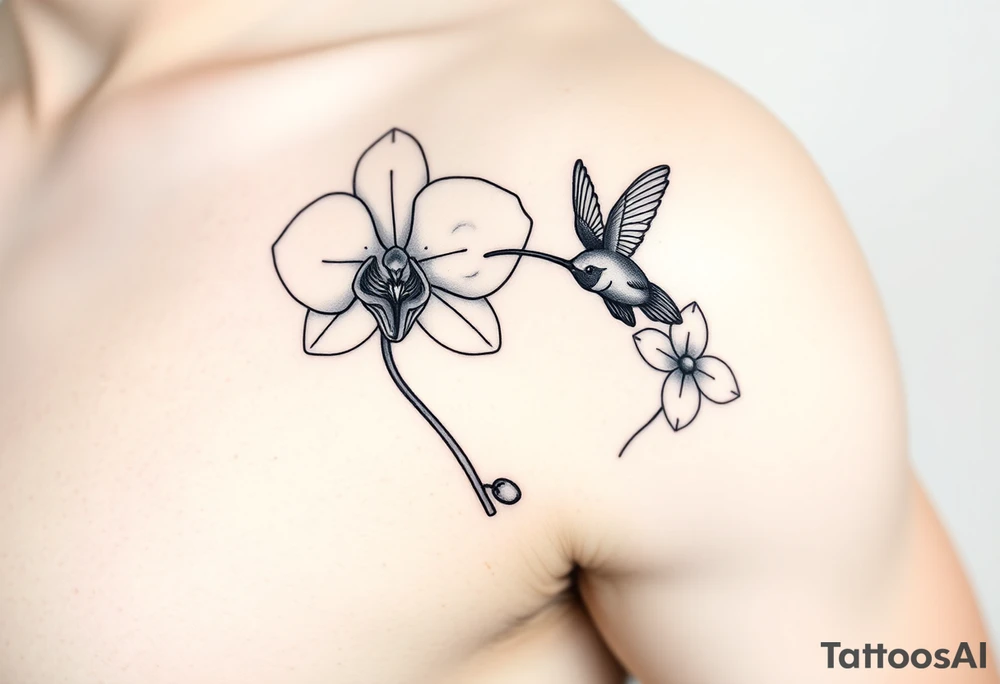 A delicate, black and white fine-line tattoo for male, featuring a gracefully detailed orchid in full bloom (stem and at least 2 flowers in full bloom), with soft, intricate petals and elegant curves. Beside it, a hummingbird hovers mid-flight, its wings drawn with subtle motion lines, its slender beak reaching toward the orchid’s center to drink its nectar. The design captures a sense of balance and harmony, with the contrast between the stillness of the flower and the gentle energy of the bird. Perfectly suited for the upper arm, this piece combines nature’s beauty and movement in a timeless, minimalist style. on the other flower there is a bee that's resting tattoo idea