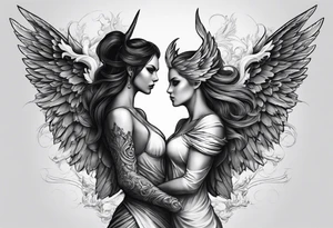 angel woman and devil woman fighting, arguing on the sky , big wings and full body, angel at the right side and have normal wing but devil woman at the left side and with bat wing tattoo idea