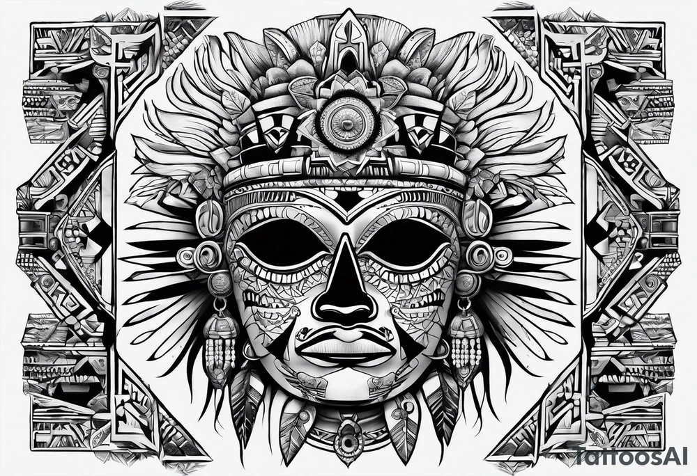 toroids, pyramids, Aztec teaky mask, native, full mask tattoo idea