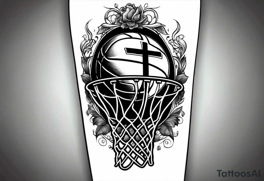 A forearm tattoo that includes a basketball hoop and a cross tattoo idea