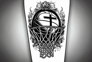 A forearm tattoo that includes a basketball hoop and a cross tattoo idea
