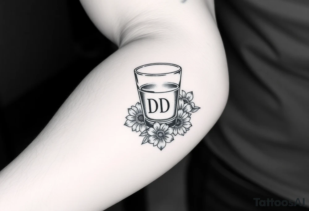 A tequila shot glass with small DD Ingrave on it surround by flowers tattoo idea