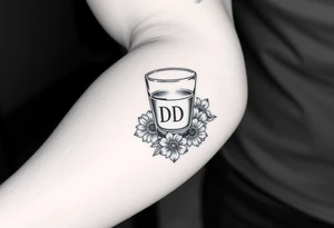 A tequila shot glass with small DD Ingrave on it surround by flowers tattoo idea