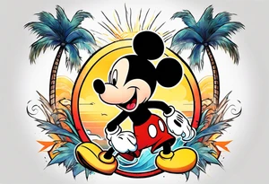 mickey mouse holding lightning with palm trees doing martial arts at the disney castle tattoo idea