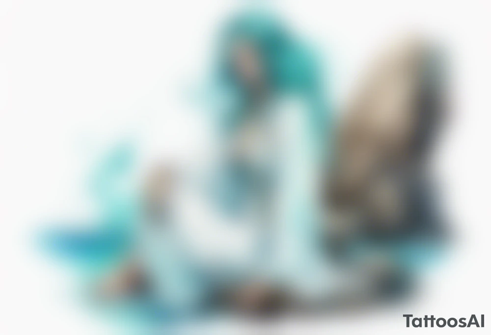 An undine with turquois scales wearing a white robe, sitting on rocks by the ocean tattoo idea