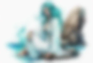 An undine with turquois scales wearing a white robe, sitting on rocks by the ocean tattoo idea