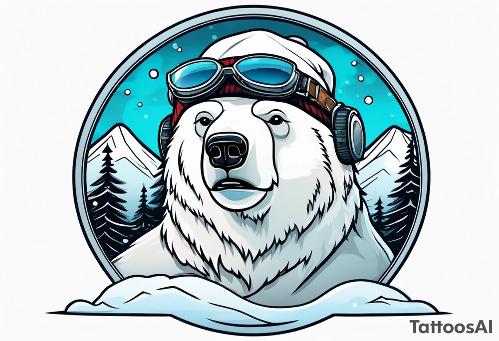 Polar bear with a winter hat and goggles standing in front of a mountain inside a snow globe tattoo idea