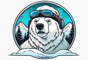 Polar bear with a winter hat and goggles standing in front of a mountain inside a snow globe tattoo idea