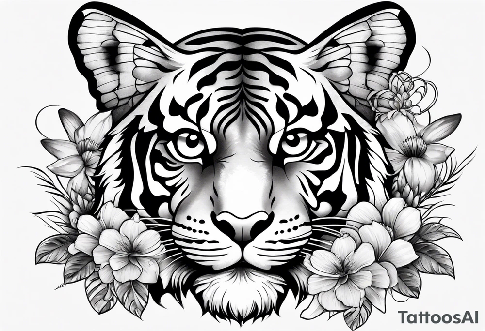 tiger, 3 butterflies, flowers for ladies thigh / hip shaded tattoo idea