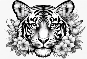 tiger, 3 butterflies, flowers for ladies thigh / hip shaded tattoo idea