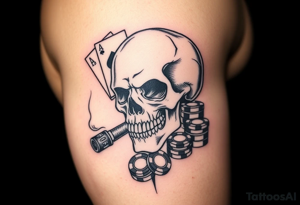 skull with smoking cigar in mouth,playing cards,pokerchips,a lot of money. tattoo idea