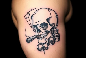 skull with smoking cigar in mouth,playing cards,pokerchips,a lot of money. tattoo idea