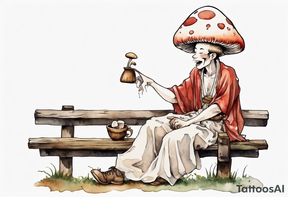 a mushroom person wearing a mushroom hat wearing a medieval tunic drinking from a wood cup, sitting on a bench laughing tattoo idea